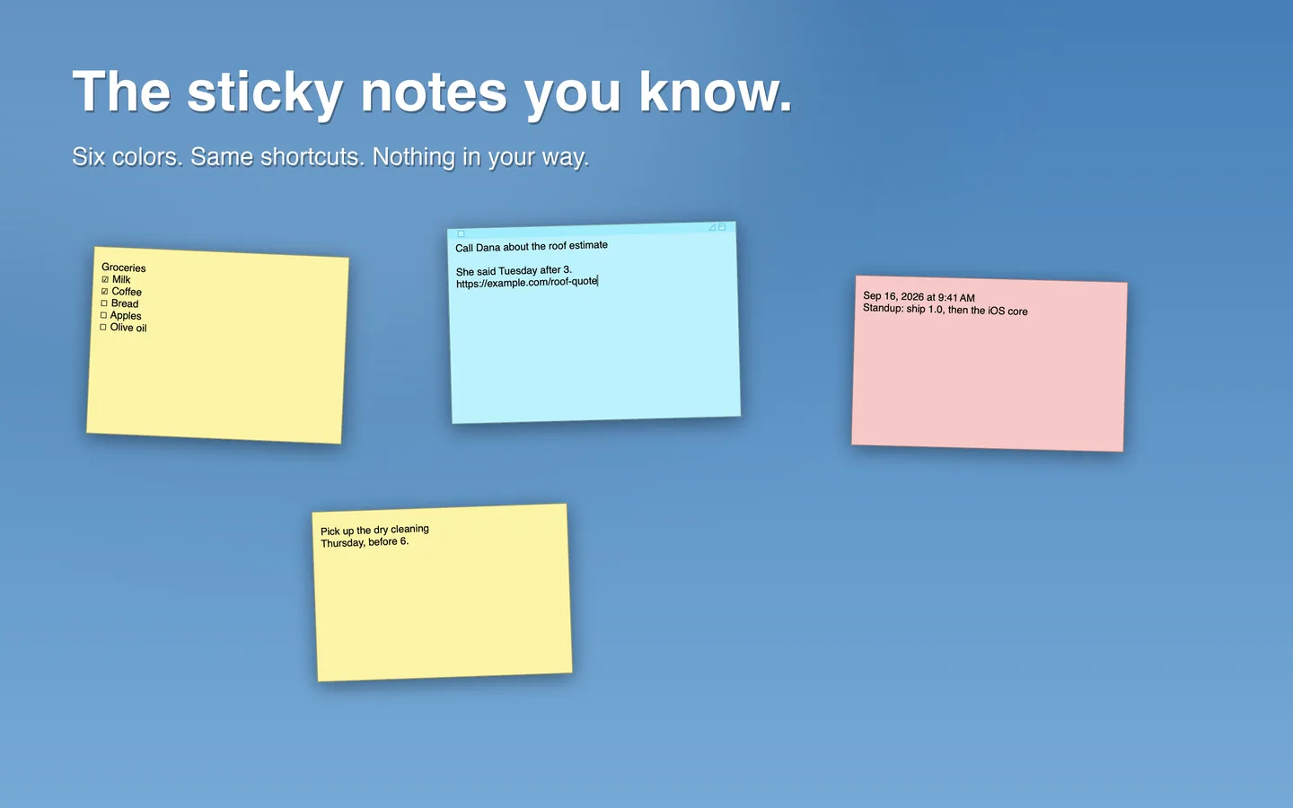 Yellow, blue and pink sticky notes on a Mac desktop