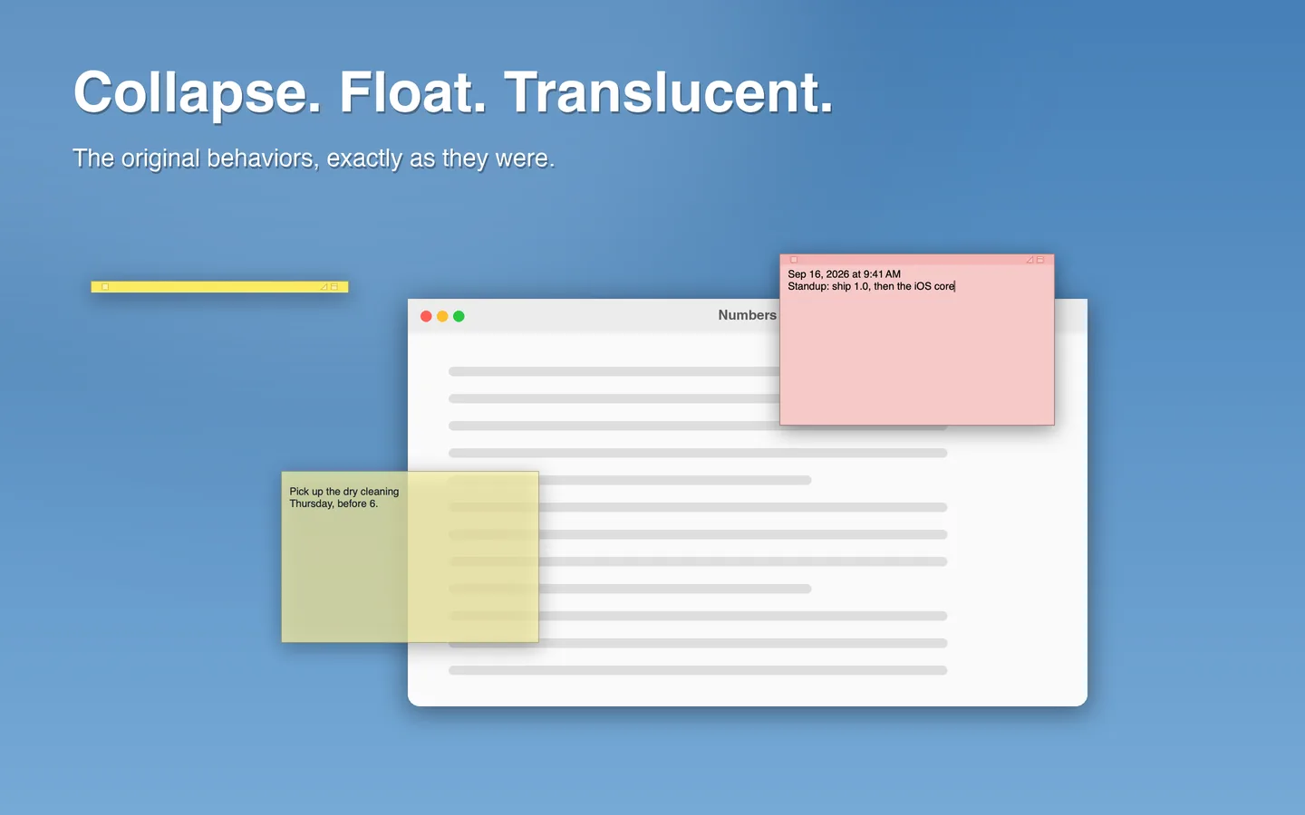 Collapsed, floating and translucent notes